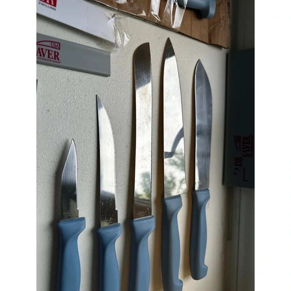 Set of 7 vintage St. Croix Cutlery kitchen knives knife blue handles